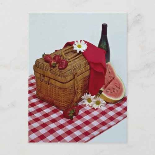 Picnic basket and watermelon slices postcard