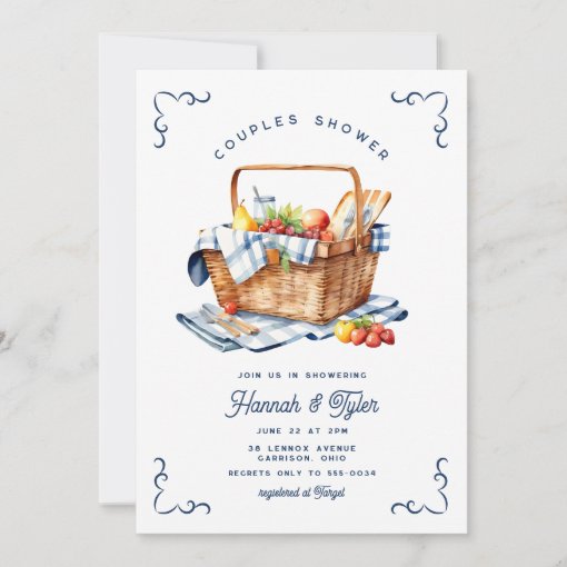 Picnic Basket Navy Blue Couples Bridal Shower Invitation | Zazzle