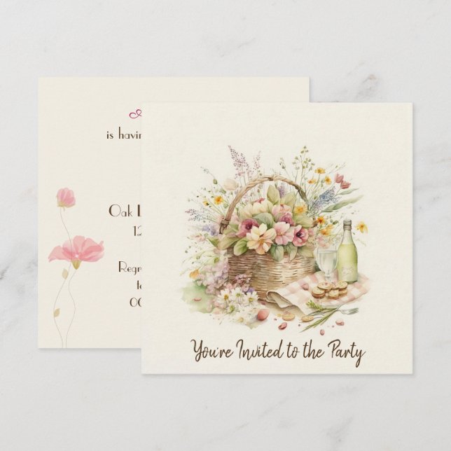 Picnic Basket with Wine Bottle Birthday Party Invitation (Front/Back)