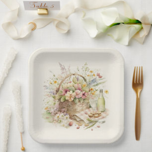 Picnic Basket with Wine Bottle Paper Plates