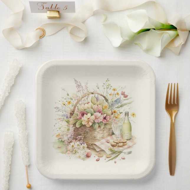 Picnic Basket with Wine Bottle Paper Plates (Wedding)