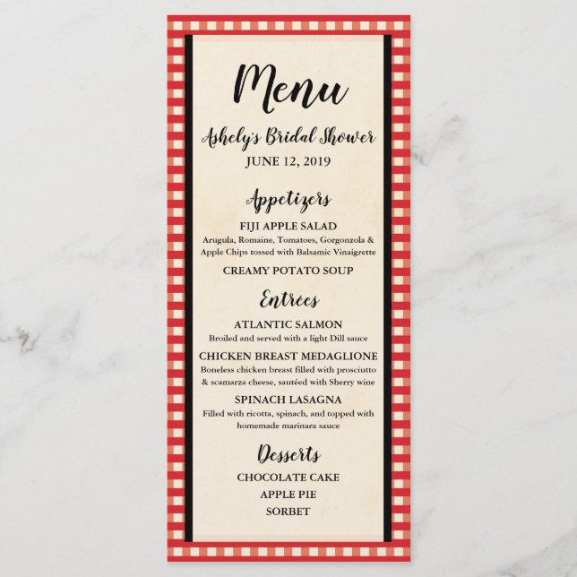 Picnic BBQ, Bridal Shower, Wedding, Party Menu (Front)