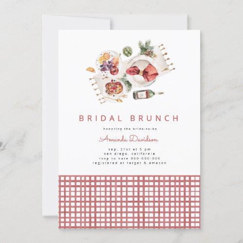 Picnic BBQ Red Plaid Watercolor Bridal Brunch Invitation