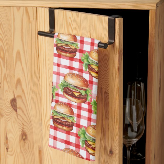 Picnic Burger Delight Retro Gingham & Cheeseburger Kitchen Towel (Thirds Fold)