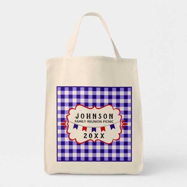 Picnic Family Reunion | Blue Checker • Barbecue Tote Bag (Front)