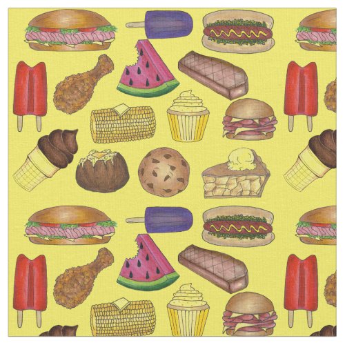 Picnic Food Hot Dog Watermelon Steak Corn Cookout Fabric