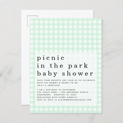 Picnic In Park Baby Shower Green Gingham Invite