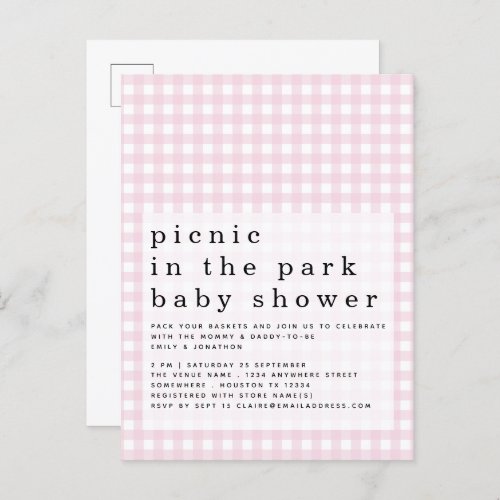 Picnic In Park Baby Shower Pink Gingham Invitation Postcard