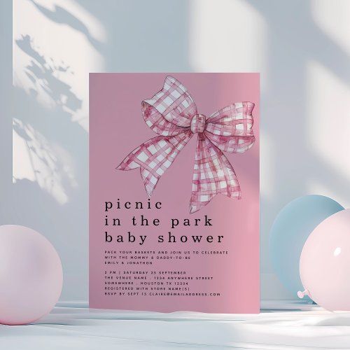 Picnic in Park Pink Gingham Bow Baby Shower Invitation