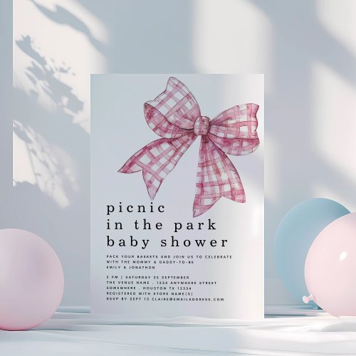 Picnic in Park Pink Gingham Bow White Baby Shower Invitation