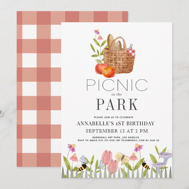 Picnic in the Park Basket Floral 1st Birthday Invi Invitation (Front/Back)