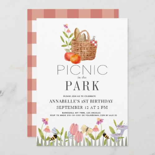 Picnic in the Park Basket Floral 1st Birthday Invi Invitation