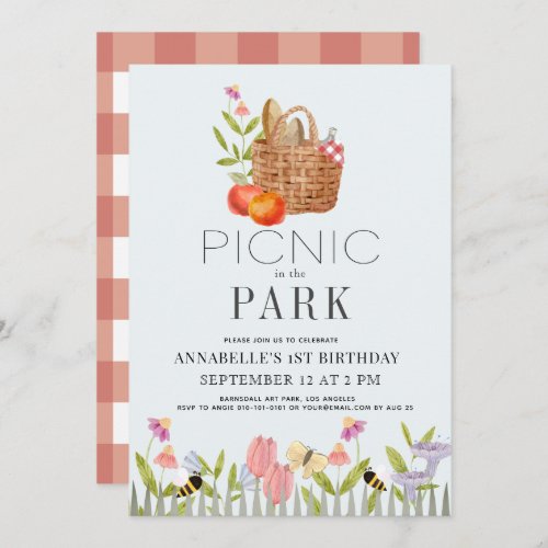Picnic in the Park Basket Floral 1st Birthday Invitation