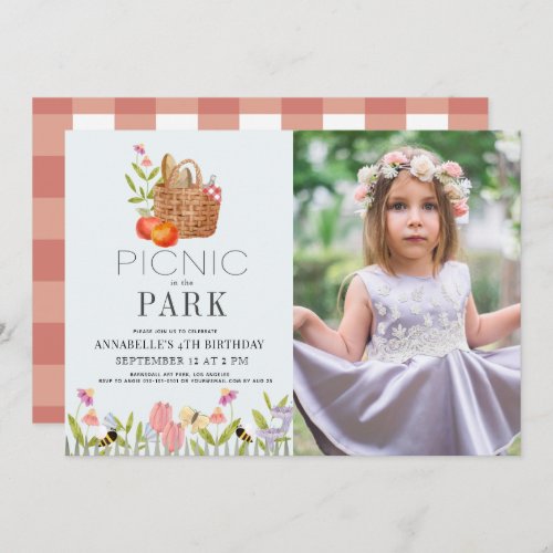 Picnic in the Park Basket Floral Birthday Photo Invitation