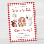 Picnic in the Park Child Birthday Party Invitation<br><div class="desc">Cute boy or girl picnic birthday party invitation featuring watercolor illustrations of woodland animals (squirrel and a bunny rabbit) enjoying balloons and cake,  a picnic basket with a teddy bear,  a red gingham background,  and "Picnic in the Park" and the child's name and age in a fun red script.</div>