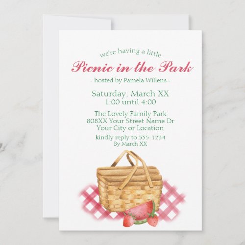 Picnic in the Park cute Watercolor Basket Invitation