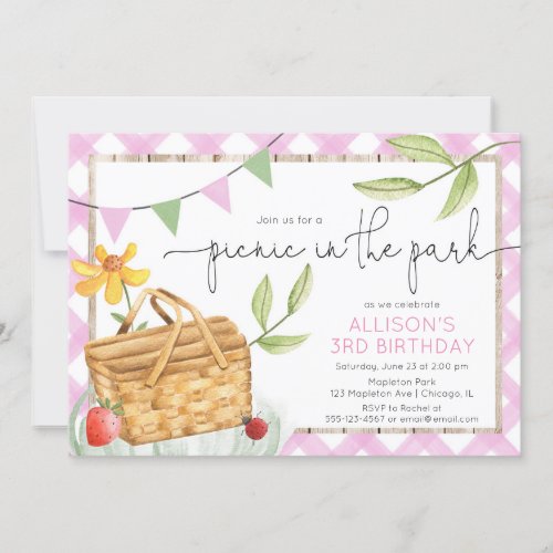 Picnic in the park pink summer birthday party invitation