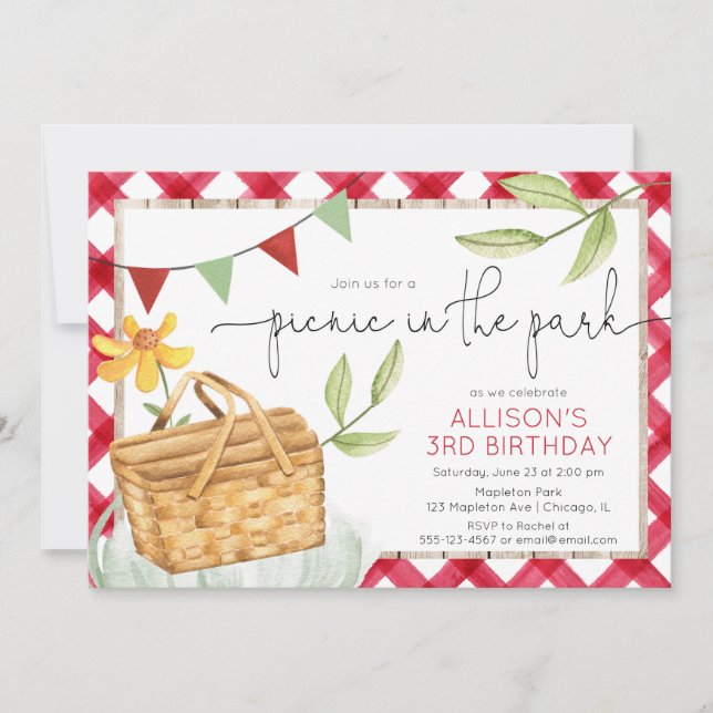 Picnic in the park summer birthday party invitation (Front)