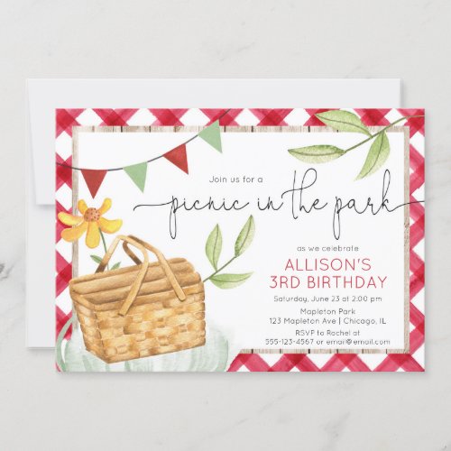 Picnic in the park summer birthday party invitation