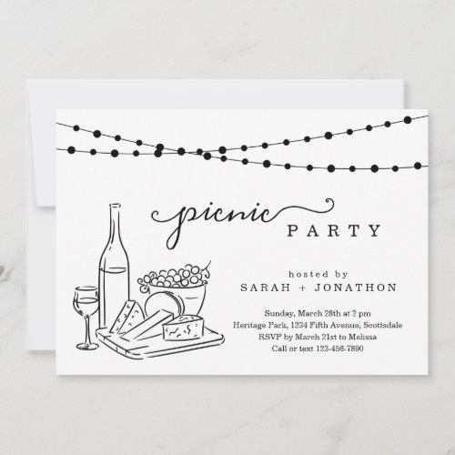 Picnic Invitation - Picnic Invitation - Hand-drawn wine and cheese board artwork in a wonderfully minimalist black and white layout.