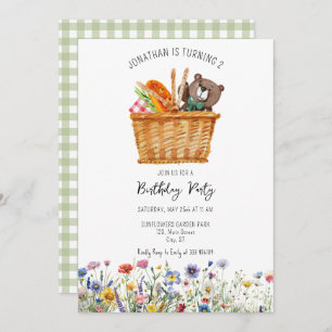 Picnic Kid Birthday Invitation Gingham wildflowers