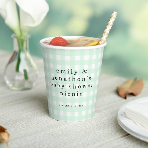 Picnic Park Names Date Baby Shower Green Gingham Paper Cups