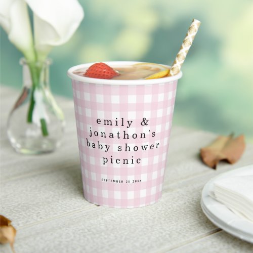Picnic Park Names Date Baby Shower Pink Gingham Paper Cups
