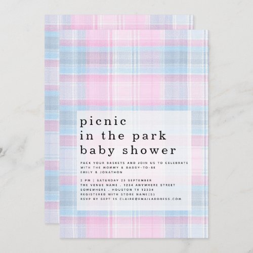 Picnic Park Pink Blue Plaid Baby Shower Invitation