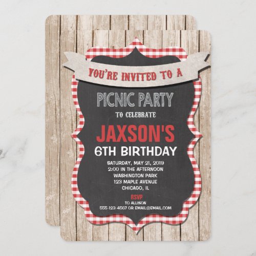 Picnic party birthday invitation red white gingham