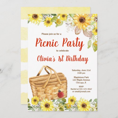 Picnic party sunflowers summer birthday girl invitation