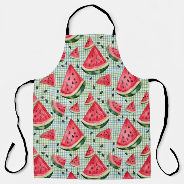 Picnic Patch Watermelon – Watercolor Fruit Gingham Apron (Front)