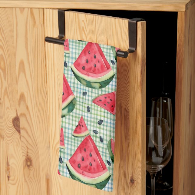 Picnic Patch Watermelon – Watercolor Fruit Gingham Kitchen Towel (Thirds Fold)