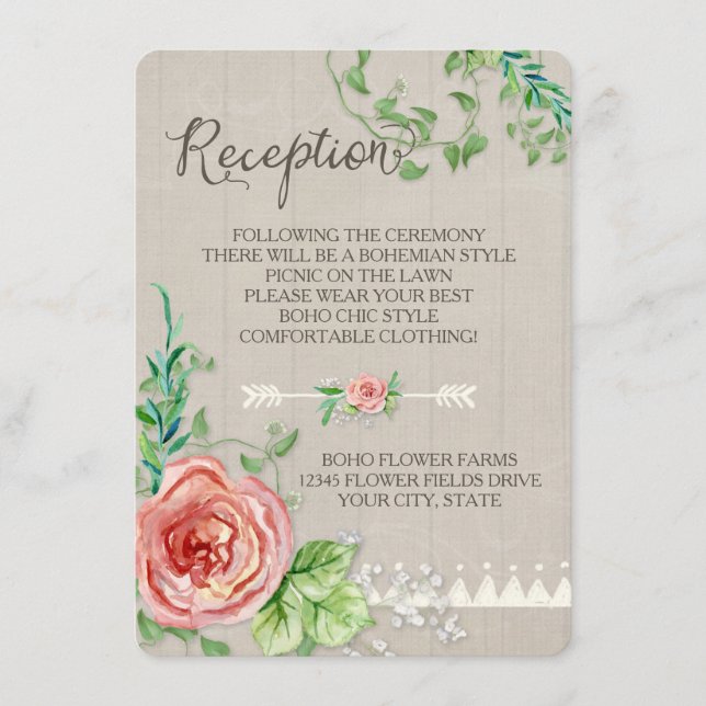 Picnic Reception BOHO Baby's Breath Roses Wooden Enclosure Card (Front)