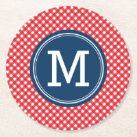 Picnic Red Country Gingham Personalize Monogram Round Paper Coaster