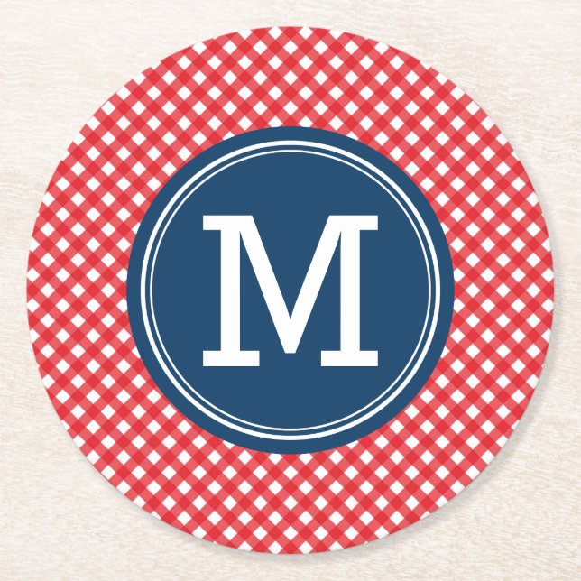 Picnic Red Country Gingham Personalize Monogram Round Paper Coaster (Front)