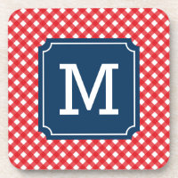 Picnic Red Gingham Personalize Name Monogram Coaster