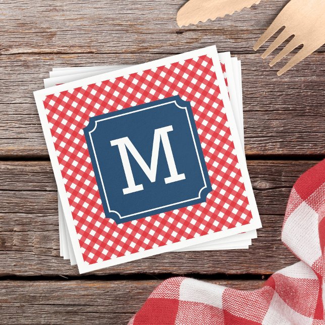 Picnic Red Gingham Personalize Name Monogram Paper Napkins (Creator Uploaded)
