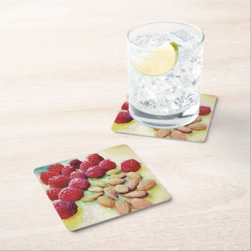 Picnic Snack Raspberries Almonds Watercolor Square Paper Coaster