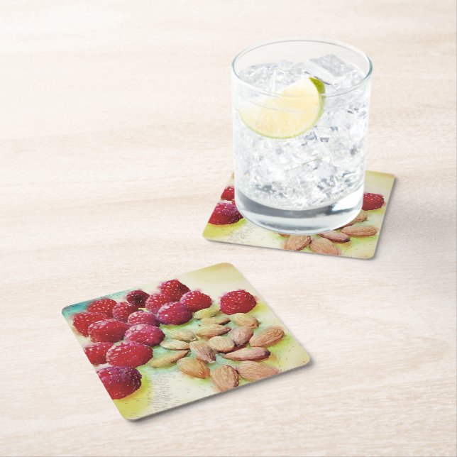 Picnic Snack Raspberries Almonds Watercolor Square Paper Coaster (Insitu)