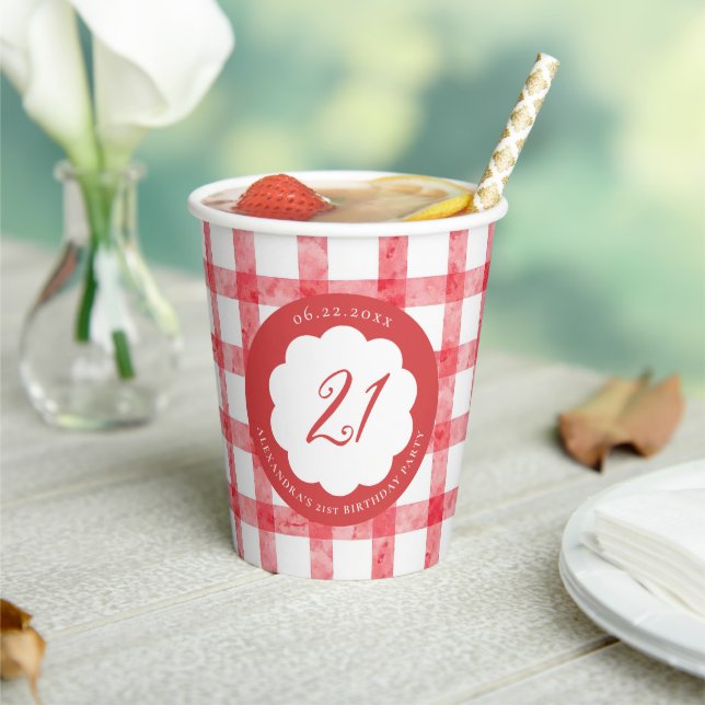 Picnic Summer Spring Red Gingham Scallops Birthday Paper Cups (Insitu)