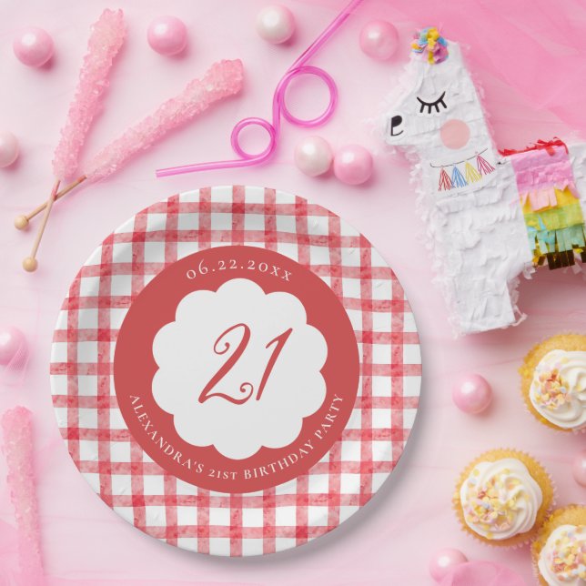 Picnic Summer Spring Red Gingham Scallops Birthday Paper Plates (Party)