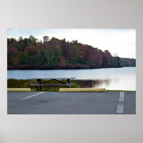 Picnic Table by Lake Poster