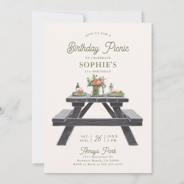 Picnic Table Summer Elegant Modern 21st Birthday Invitation (Front)