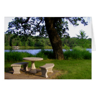 Picnic table summer lunch meeting near the river cards