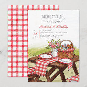 Picnic Table Watercolor Summer Red 40th Birthday Invitation