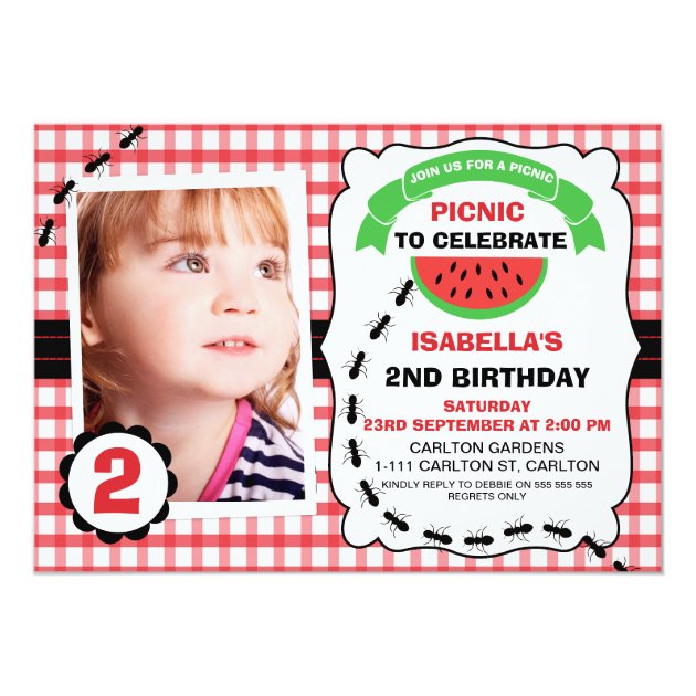Picnic Watermelon Photo Birthday Party Invitation