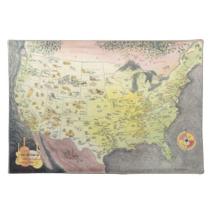 Pictorial Map of America - Cartoon Sketches Cloth Placemat