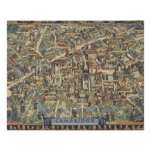 Pictorial Map of Cambridge, England Faux Canvas Print