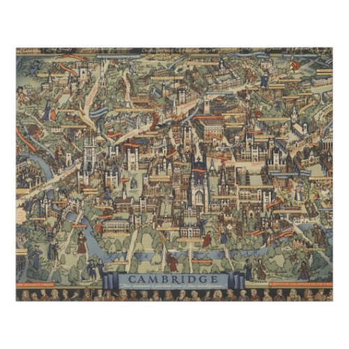 Pictorial Map of Cambridge England Faux Canvas Print