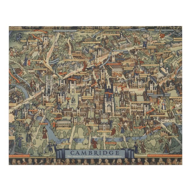 Pictorial Map of Cambridge, England Faux Canvas Print (Front)